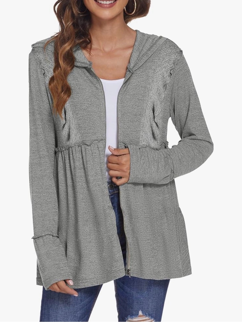 Light Gray Hooded‎ Zip-Front Cardigan